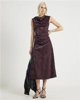 River Island Womens Midi Dress Red Hammered Faux Leather Cowl Neck Sleeveless - 8 Regular