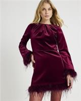 River Island Womens Mini Dress Red Velvet Long Sleeve Feather Trim Round Neck - 8 Regular