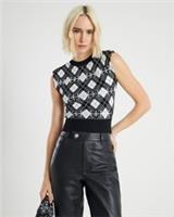 River Island Womens Top Black Check Shoulder Pad Embellished Sleeveless Blouse - S Regular