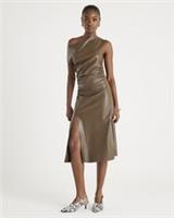 River Island Womens Midi Dress Brown Drape Shoulder Faux Leather Front Split - 16 Regular
