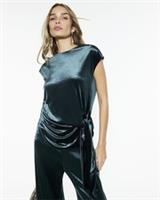 River Island Womens Top Green Velvet Short Sleeve Tie Side Round Neck Blouse - S Regular