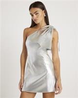 River Island Womens Mini Dress Silver Faux Leather One Shoulder Sleeveless - 14 Regular