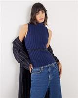 River Island Womens Tank Top Navy Belted Knit Ribbed Sleeveless Jumper Vest - L Regular