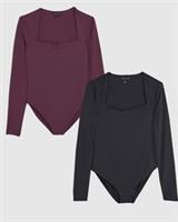 River Island Womens Bodysuit 2 Pack Black Long Sleeve Square Neck Outfit - XS Regular