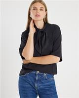 River Island Womens T-Shirt Black Short Sleeve Scarf Detail Crew Neck Tee Top - XS Regular