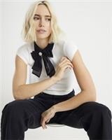River Island Womens Top White Short Sleeve Bow Neck Fitted Collared Blouse - S Regular