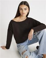 River Island Womens Jumper Brown Knitted Off The Shoulder Sweater Pullover Top - L Regular