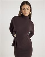 River Island Womens Top Brown Long Sleeve Cosy Gold Detail Roll Neck Blouse - L Regular