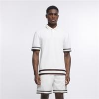 River Island Mens Polo Shirt Ecru Slim Fit Taped Short Sleeve Collared Casual - S Regular