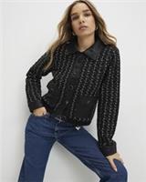 River Island Womens Cardigan Black Boucle Faux Leather Trim Button Jumper Top - XS Regular