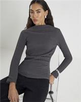 River Island Womens Drape Top Grey Long Sleeve Waffle Textured Boat Neck Blouse - S Regular