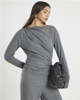 River Island Womens Drape Top Grey Cosy Ribbed Long Sleeve Round Neck Blouse - XS Regular