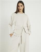 River Island Womens Top Cream Premium Long Sleeve Tie Front Crew Neck Blouse - S Regular