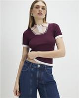 River Island Womens Polo Shirt Red Ribbed Short Sleeve Layered Collared Top - XS Regular