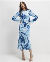 River Island Womens Midi Dress Blue Floral Print Long Sleeve Round Neck Tie Back - 12 Regular