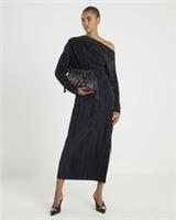 River Island Womens Midi Dress Black Plisse Long Sleeve Asymmetric Neck - S Regular