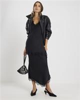 River Island Womens Midi Skirt Black Satin Lace Trim Elasticated Waist Bottom - 6 Regular