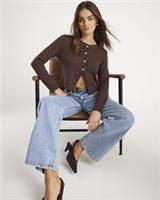 River Island Womens Cardigan Brown Cropped Heart Buttoned Jumper Crew Neck Top - M Regular