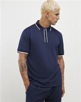 River Island Mens Polo Shirt Navy Slim Fit Textured Zip Tipped Short Sleeves Top - L Regular