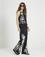 River Island Womens Wide Leg Trousers Black Embroidered Drawstring Pants Bottoms - S Regular