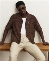 River Island Mens Shirt Brown Boxy Fit Lace Fabric Block Short Sleeves Top - XL Regular