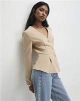River Island Womens Jacket Beige Long Sleeve Pleated V-Neck Outerwear Top - S Regular