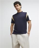 River Island Mens T-Shirt Navy Slim Fit Shoulder Colour Block T Shirt Tee Top - L Regular