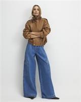 River Island Womens Wide Leg Jeans Blue Pleated Cargo Pocket Trousers Pants - 14 Regular Regular