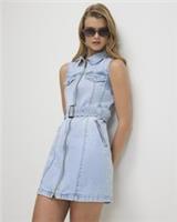 River Island Womens Mini Dress Blue Denim Sleeveless Belted Collared Zipped - 12 Regular