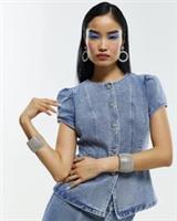 River Island Womens Top Blue Washed Bling Button Denim Short Sleeves Blouse - 12 Regular