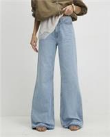 River Island Womens Wide Leg Jeans Blue Clean Waist Turn Down Hem Trousers Pants - 14 Short Regular