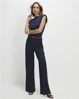 River Island Womens Straight Leg Trousers Navy Belted Side Zip Pants Bottoms - 20 Regular