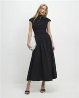 River Island Womens Maxi Dress Black Short Sleeve Hybrid Drape Button High Neck - L Regular