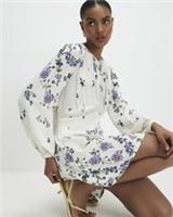 River Island Womens Mini Dress White Long Sleeve Floral Round Neck Keyhole - 8 Regular