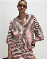 River Island Womens Shirt Brown Cotton Blend Stripe Toucan Embroidered Top - L Regular