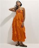 River Island Womens Midi Dress Orange Del Maar Bandeau Crochet Flower Shirred - S Regular