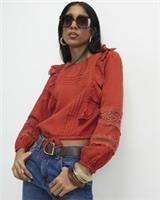 River Island Womens Blouse Orange Long Sleeve Ruffle Round Neck Tie Waist Top - M Regular