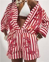 River Island Womens Shorts Red Stripe Beaded Stripe Pockets Elasticated Bottoms - S Regular