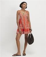 River Island Womens Mini Dress Orange Cotton Embroidered Beaded Detail V-Neck - L Regular