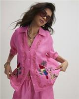 River Island Womens Top Pink Parrot Embroidered Broderie Short Sleeves Blouse - L Regular