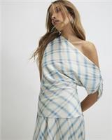 River Island Womens Top Blue Check Off The Shoulder Short Sleeves Blouse - 14 Regular