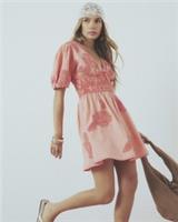 River Island Womens Mini Dress Pink Cotton Short Puff Sleeve Cornelli V-Neck - L Regular