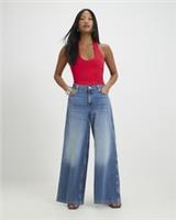 River Island Womens Wide Leg Jeans Petite Blue Elastic Back Trousers Pants - 12 Extra Short Petites