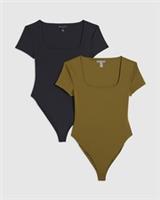 River Island Womens Bodysuit Green & Black Scoop Neck 2 Pack Popper Outfit - XS Regular