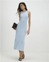River Island Womens Midi Dress Blue Sleeveless 3D Flower Trim Round Neck - L Regular