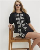 River Island Womens Top Black Poplin Short Sleeve Embroidered Round Neck Blouse - 12 Regular