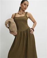 River Island Womens Midi Dress Petite Khaki Textured Sleeveless Square Neck - L Petites