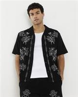River Island Mens Shirt Black Regular Fit Floral Embroidered Collared Button Top - L Regular