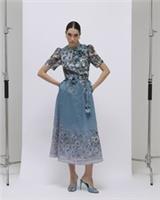 River Island Womens Midi Dress Blue Floral 3D Corsage Round Neck Short Sleeve - 8 Regular