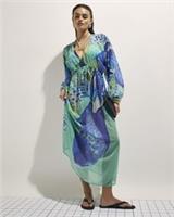River Island Womens Maxi Beach Tunic Dress Blue Floral Print Long Sleeves V-Neck - S Regular
